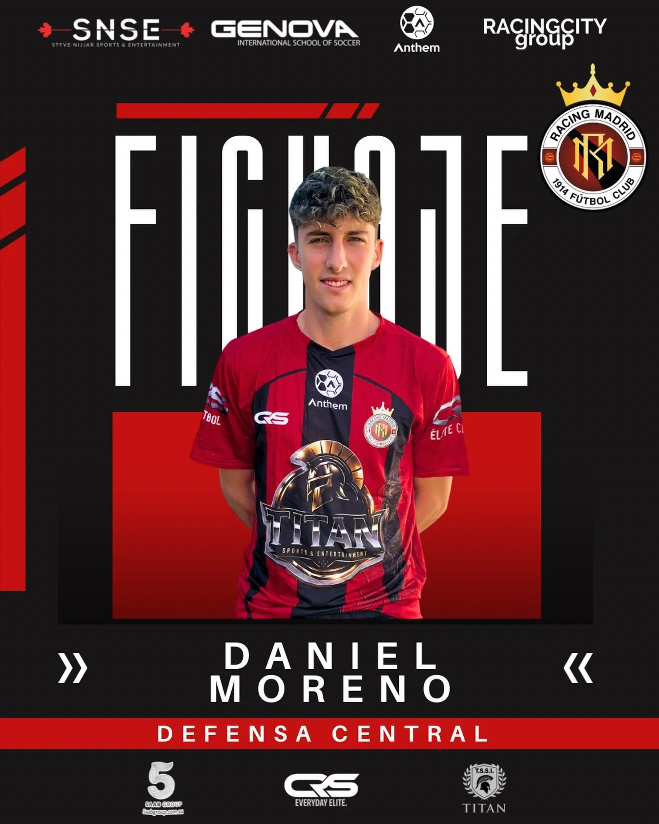 🇪🇸 Nuevo fichaje

Daniel Moreno se une a Racing Madrid.

Joven defensa central con gran proyecci&oacute;n, Dani llega para reforzar nuestra l&iacute;nea defensiva. Central alto y fuerte, destaca por su solidez defensiva, contundencia en los duelos 