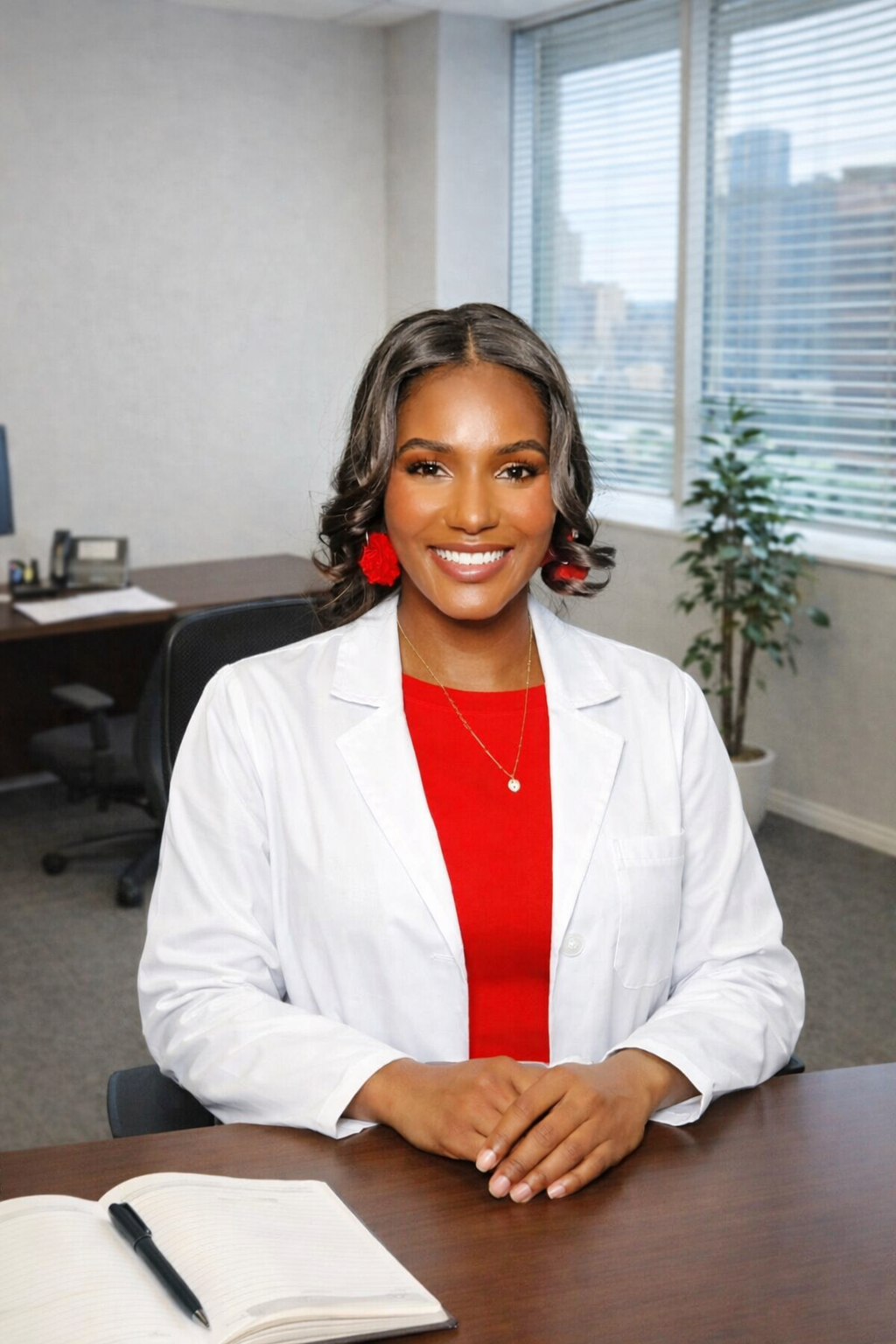 A professional woman with medium skin tone, shoulder-length wavy dark hair, red earrings, wearing a red top and white lab coat, sitting at a desk in an office, smiling at the camera.