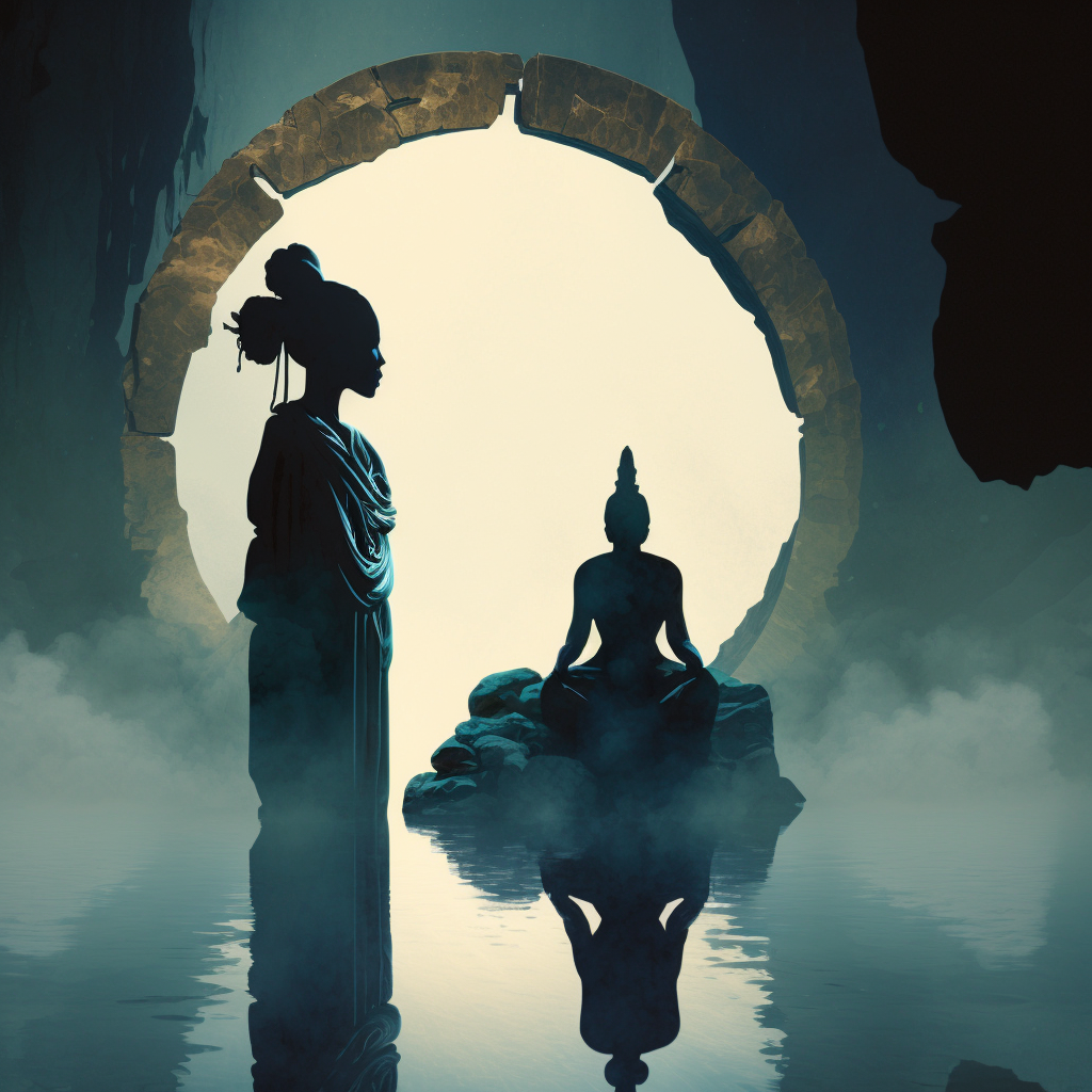 Silhouette of a standing figure and a seated figure, resembling yoga poses, with a stone archway and misty reflection on water.