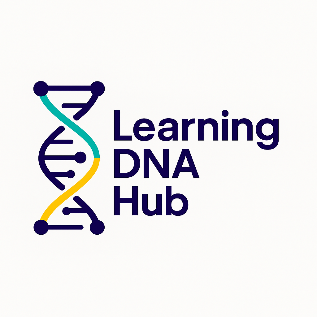 Logo for Learning DNA Hub featuring a stylized DNA helix with blue, teal, and yellow strands and the text 'Learning DNA Hub' in dark blue.