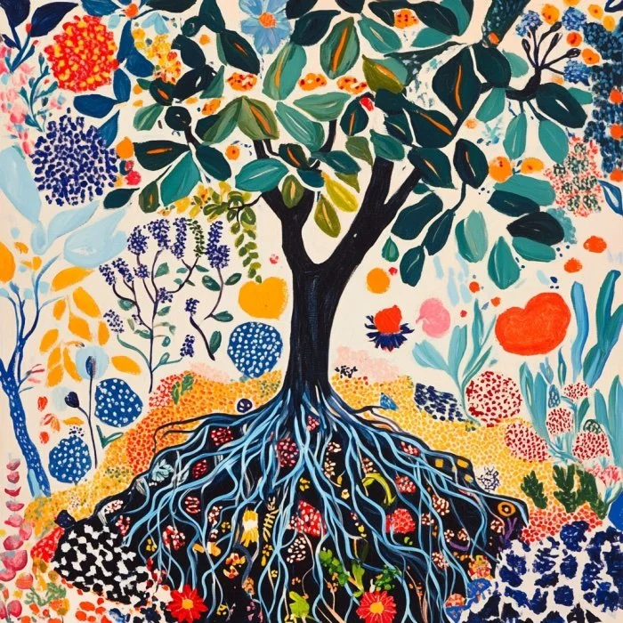 Colorful artistic illustration of a tree with vibrant green leaves, surrounded by various flowers and foliage, featuring visible roots with floral patterns against a lively background.