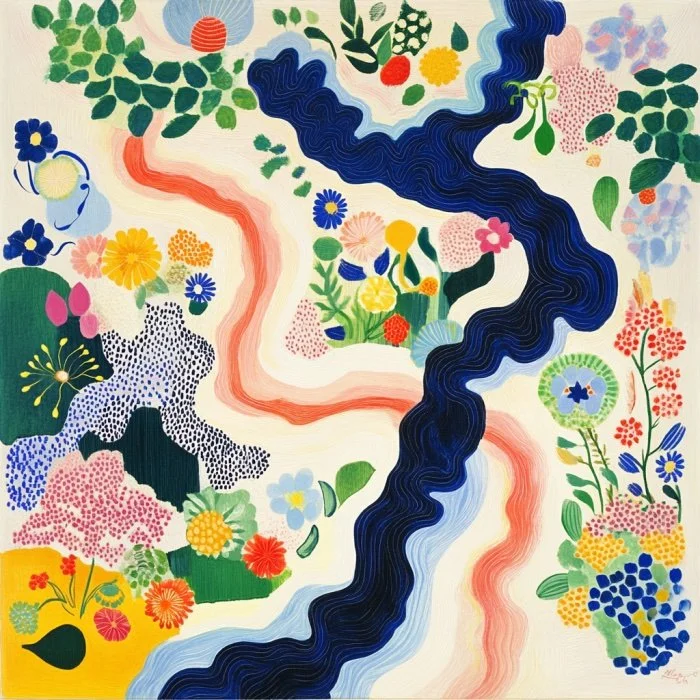 Abstract colorful painting with wavy lines and various flowers.