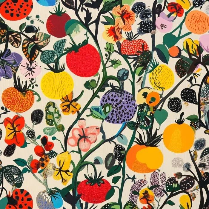 Colorful abstract painting of fruit and flowers, featuring vibrant red, yellow, and orange fruits, and various decorative foliage on a light background.