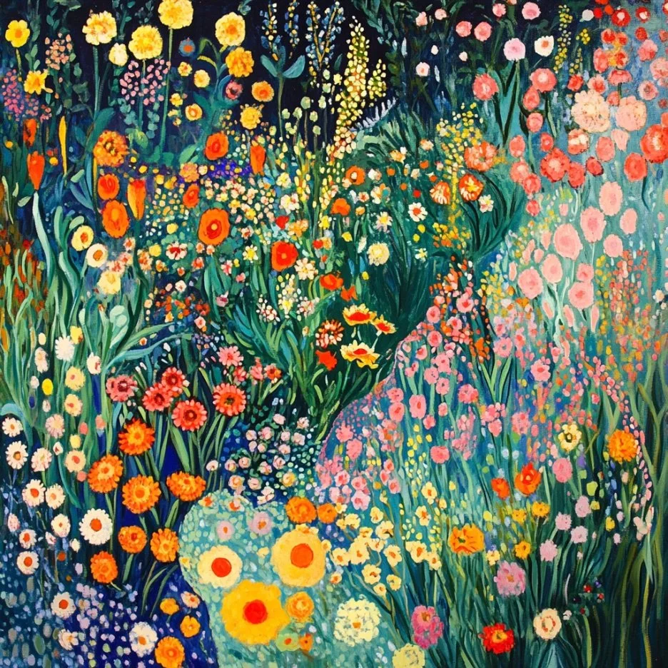 Vibrant abstract painting of a garden filled with colorful flowers, including daisies, poppies, and various wildflowers in hues of pink, yellow, orange, and green.