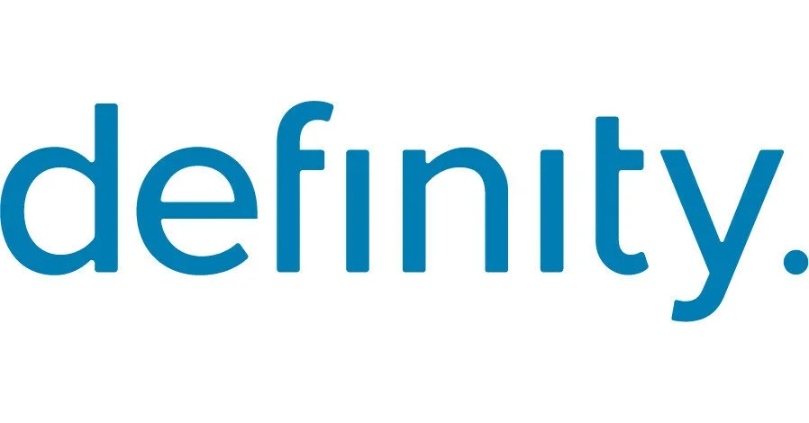 Blue text logo "definity." on a white background.