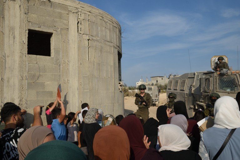 Protesters at the entrance of Nur Shams refugee camp on November 11, 2025. They are demonstrating against Israeli evition orders which have banished them from their homes in Nur Shams. PHOTO: Giancarlo Cininni