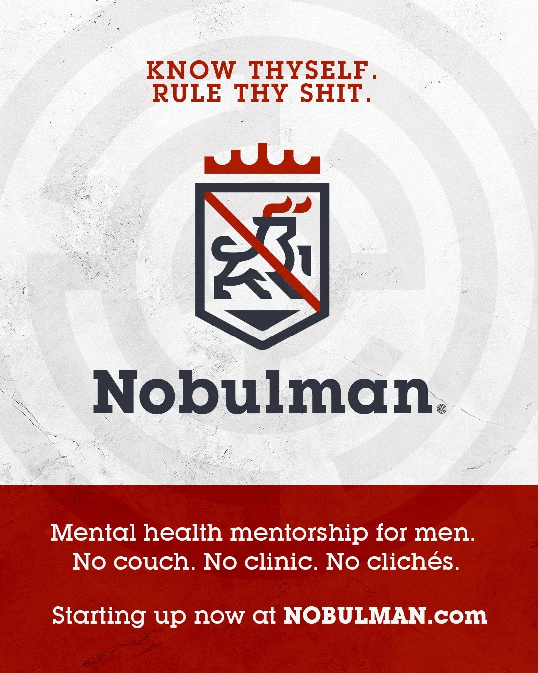 Friends, I'm starting up a mental health mentorship group for men called NOBULMAN.com &amp; would love some help spreading the word &amp; making connections. 

Before studying film &amp; design, I went to school for psych. It's remained a passion of 