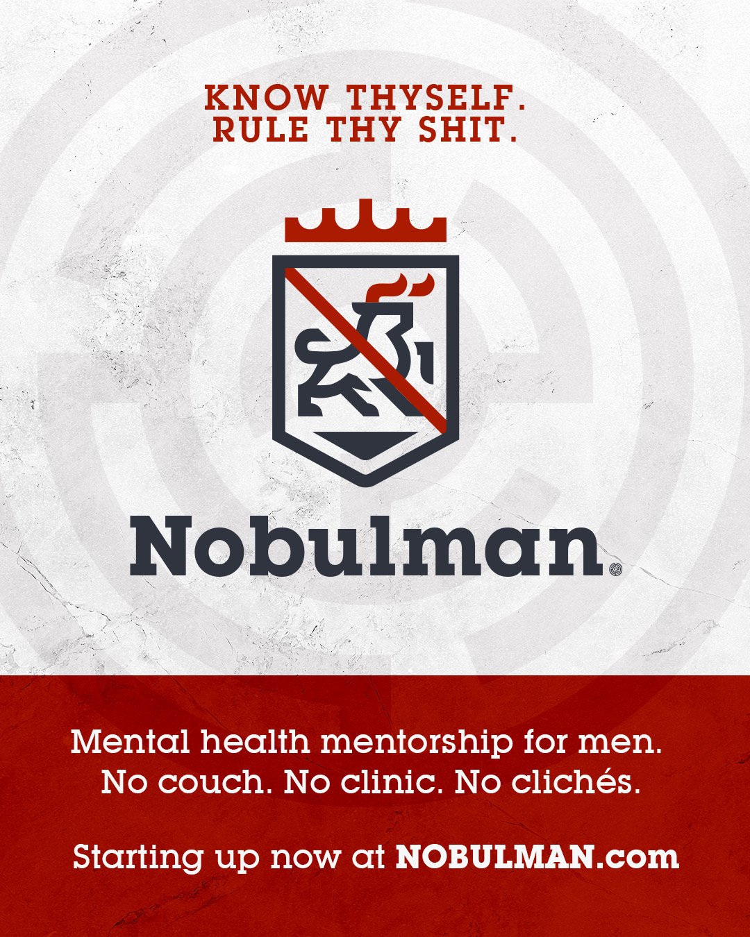 Friends, I'm starting up a mental health mentorship group for men called NOBULMAN.com &amp; would love some help spreading the word &amp; making connections. 

Before studying film &amp; design, I went to school for psych. It's remained a passion of 