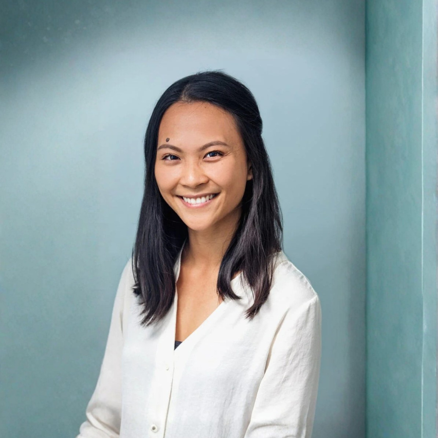 A smiling woman with black hair and a small mole above her left eyebrow, standing against a teal wall.