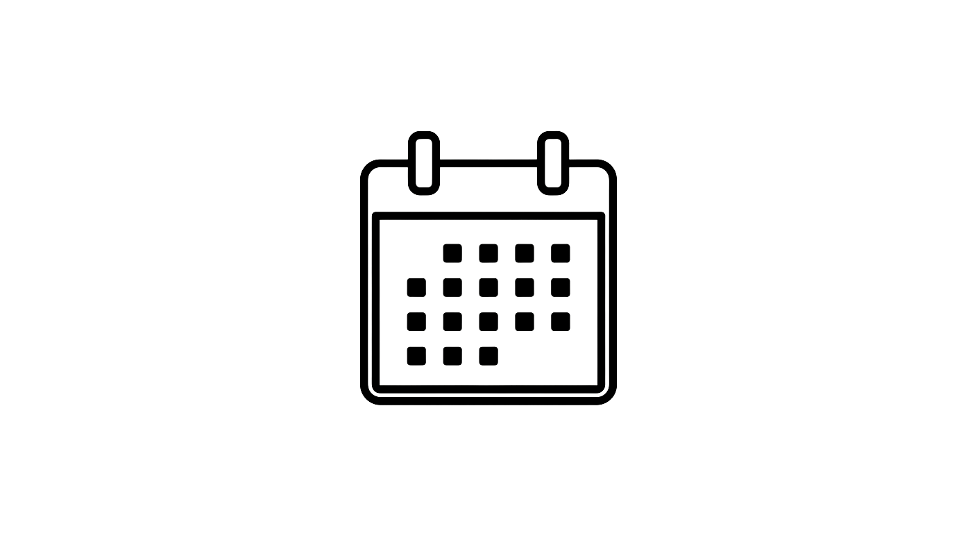 A black and white icon of a calendar with a grid and two rings at the top.