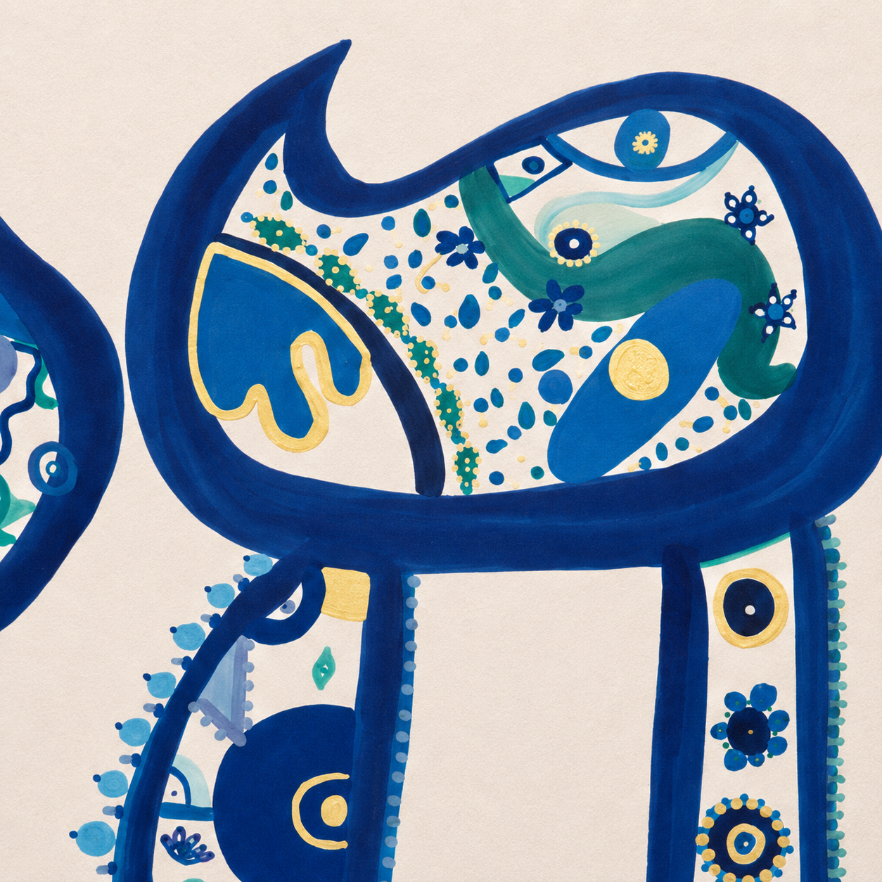 Détail des motifs bleus, dorés et de la texture de l’œuvre Haï Bleu