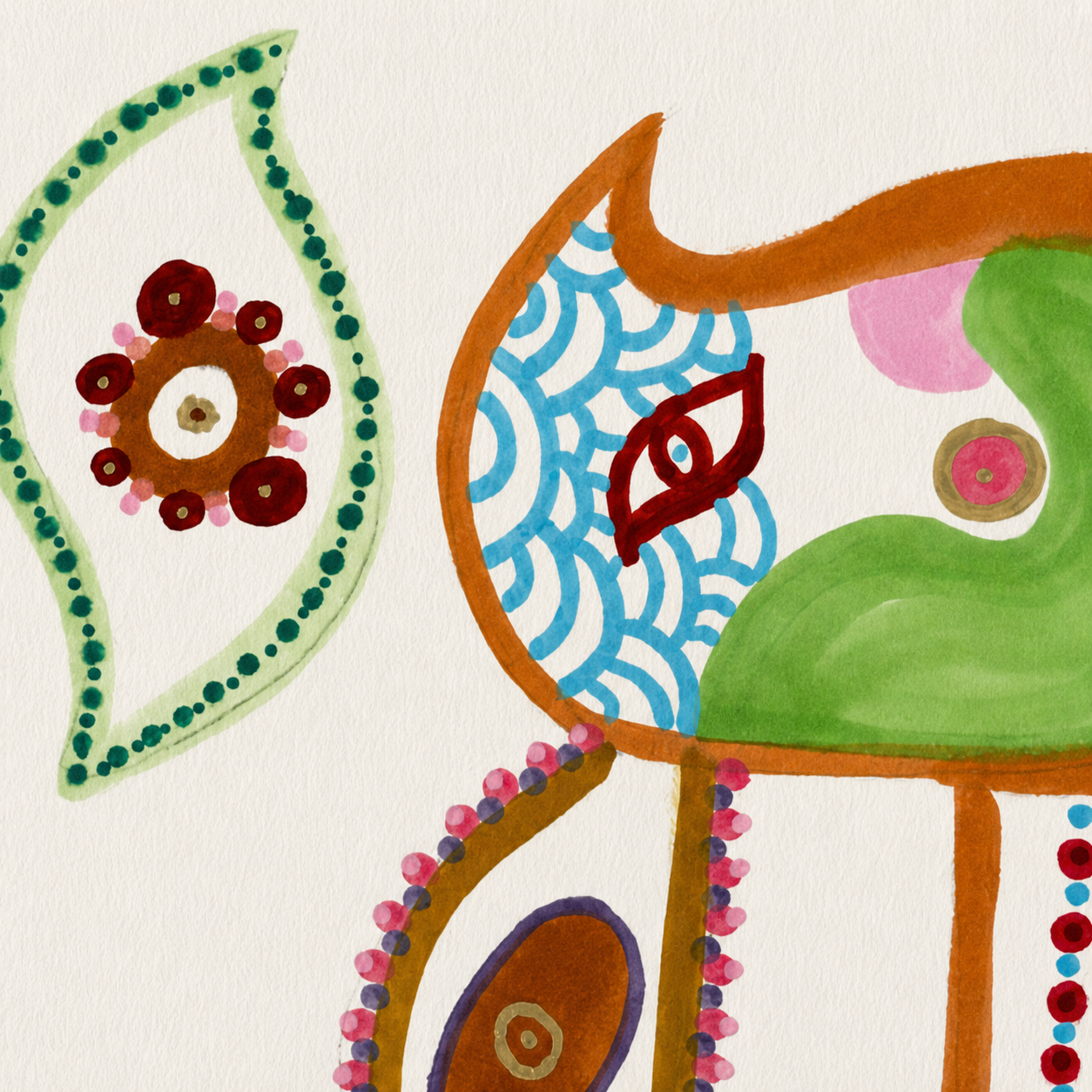 Détail des motifs et de la texture de l’œuvre Haï Oiseau