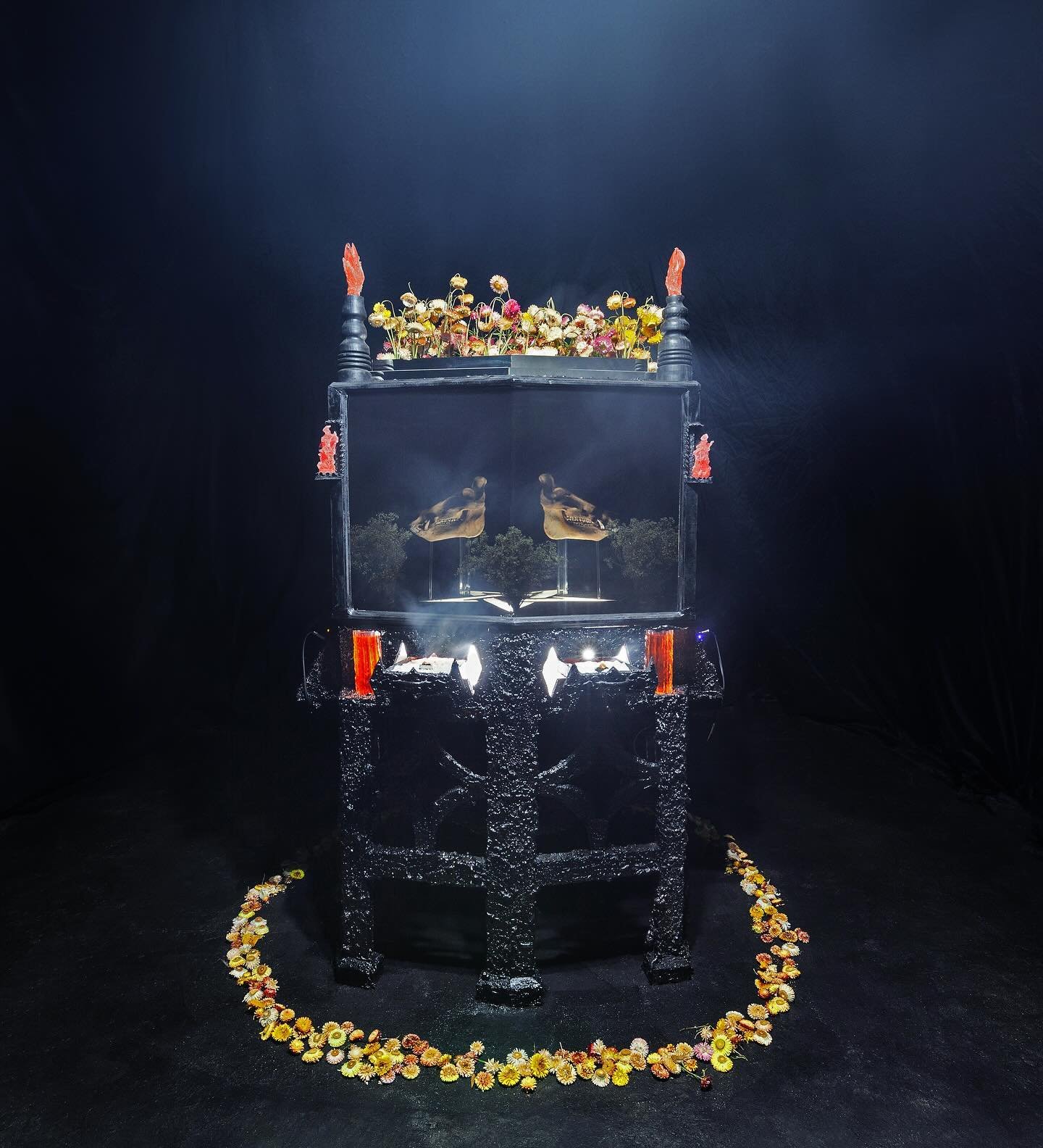 @richie666 Instagram Takeover for @performance_in_flux 

Two Hunters
{and the echos of the past reverberate through the future}
2023 - 2024
46&rdquo; x 42&rdquo; x 75&rdquo;

Boars skulls, smoked plexiglass, Florida wildflowers, &frac34;&rdquo; plywo