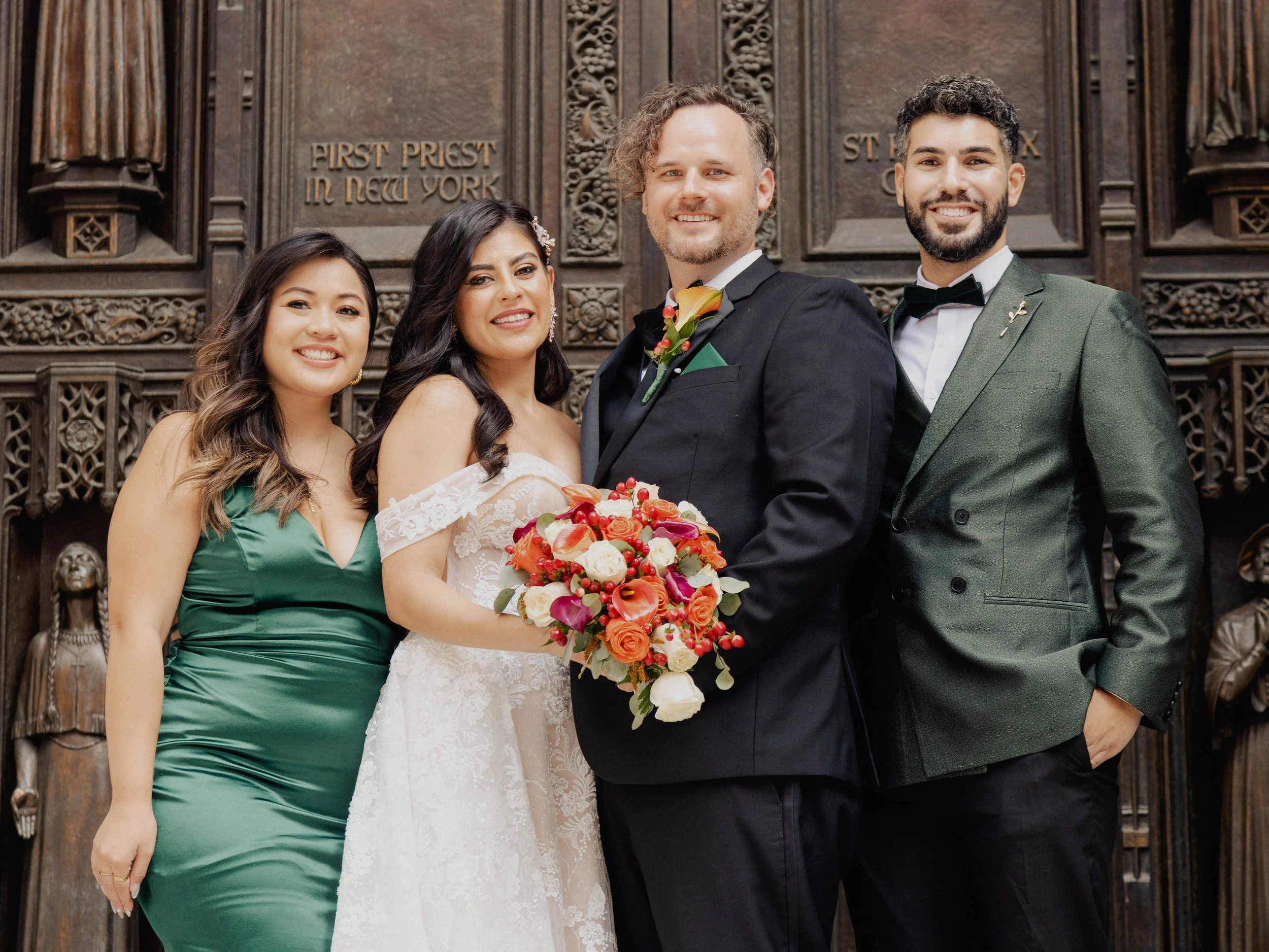 Radiant newlyweds and joyful guests gather outside St. Patrick's Cathedral, capturing a magical moment of celebration and love.