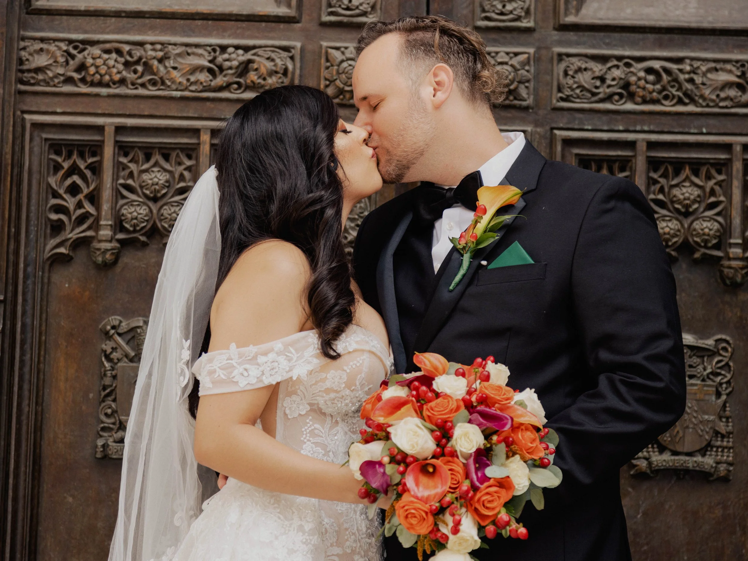 Radiant newlyweds outside St. Patrick's Cathedral after the wedding ceremony, capturing a magical moment of celebration and love.