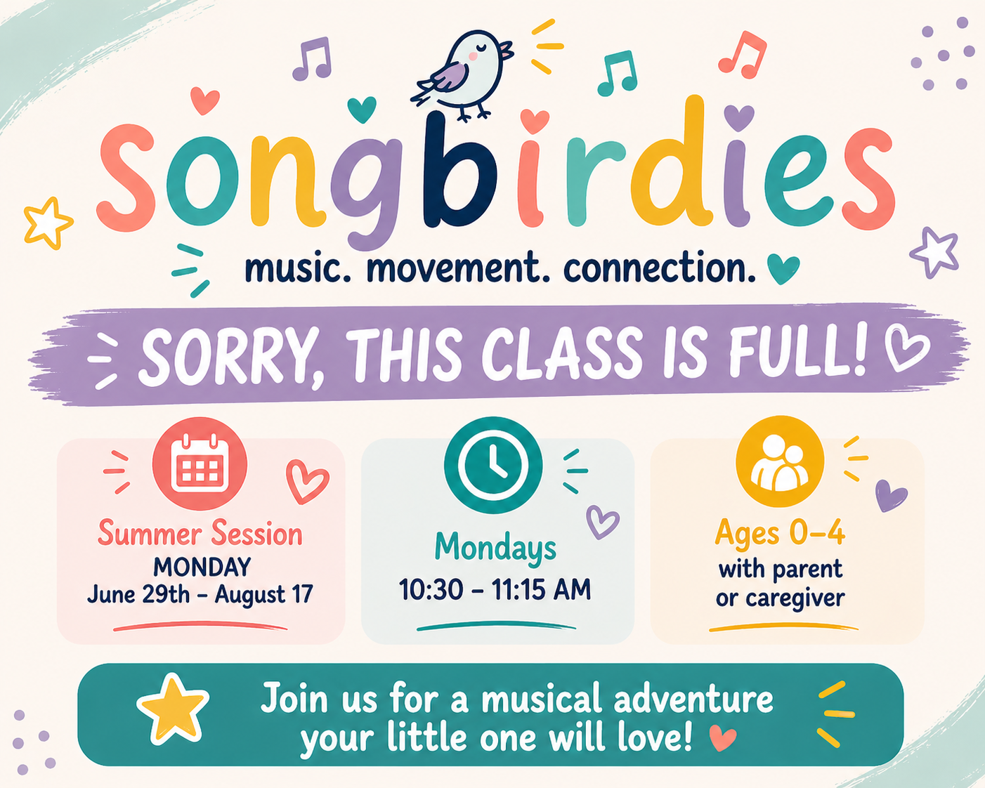 Songbirdies Summer Session: Mondays June 29 - August 17 (10:30 - 11:15am)