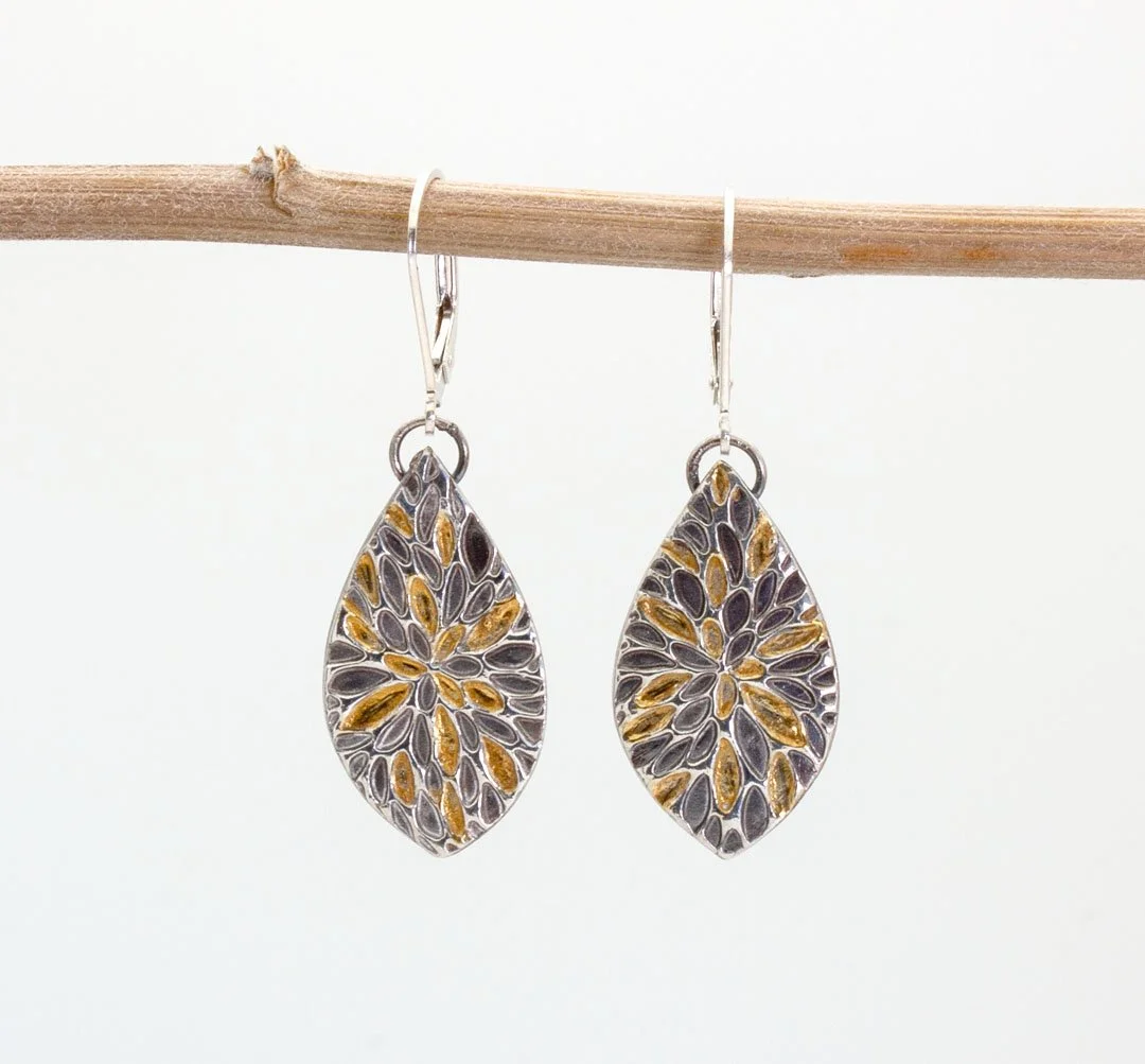 Silver and 23k Gold teardrop Petal Pattern Earrings
