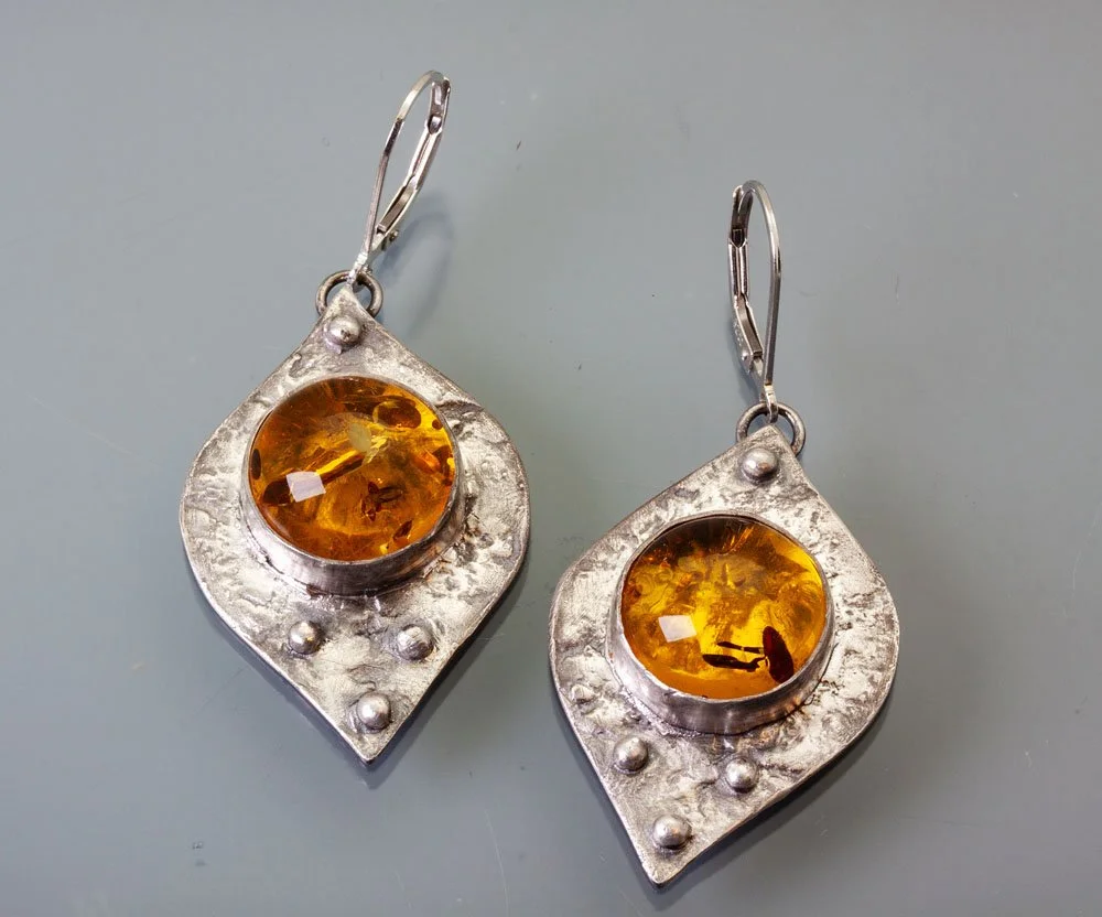 Silver-Golden-Amber-Teardrop-Earrings