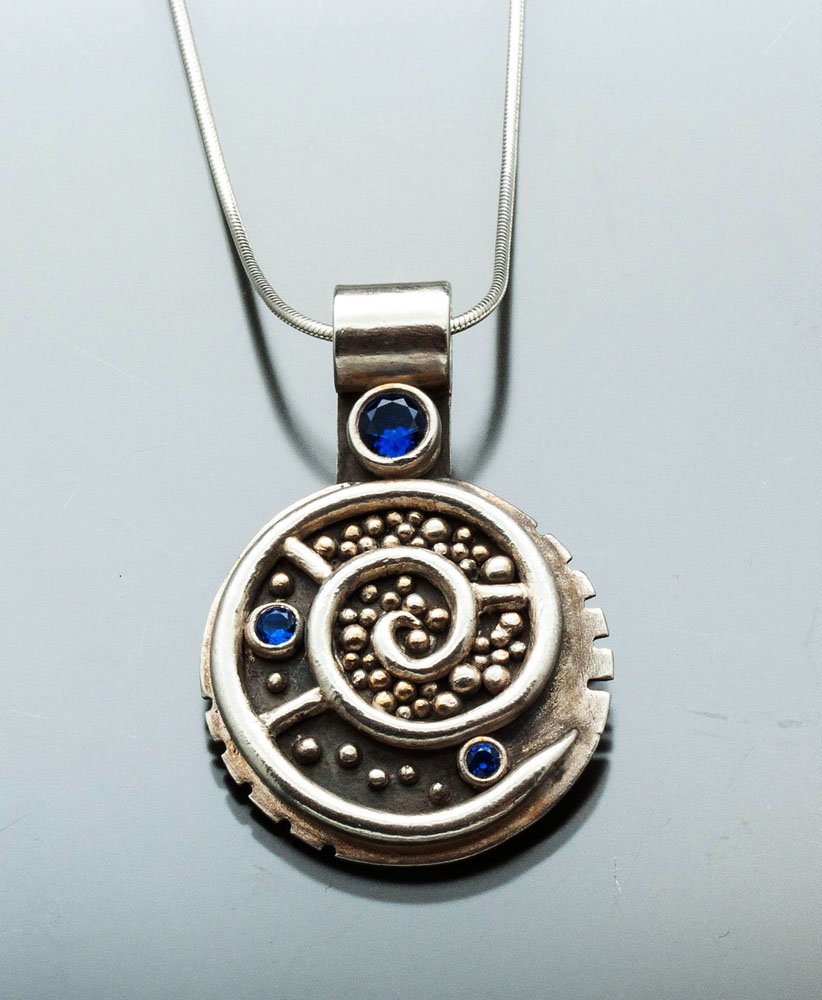 Silver Spiral Mosaic Pendant, Faceted Blue Spinel