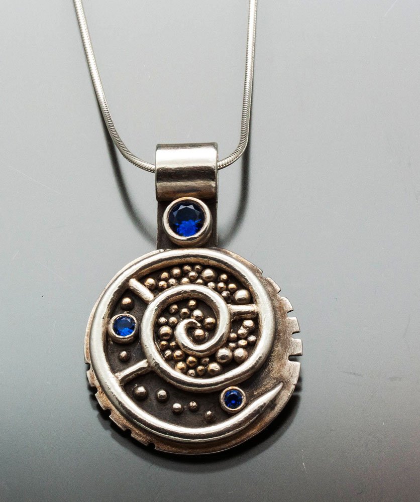 Silver Spiral Mosaic Pendant, Faceted Blue Spinel