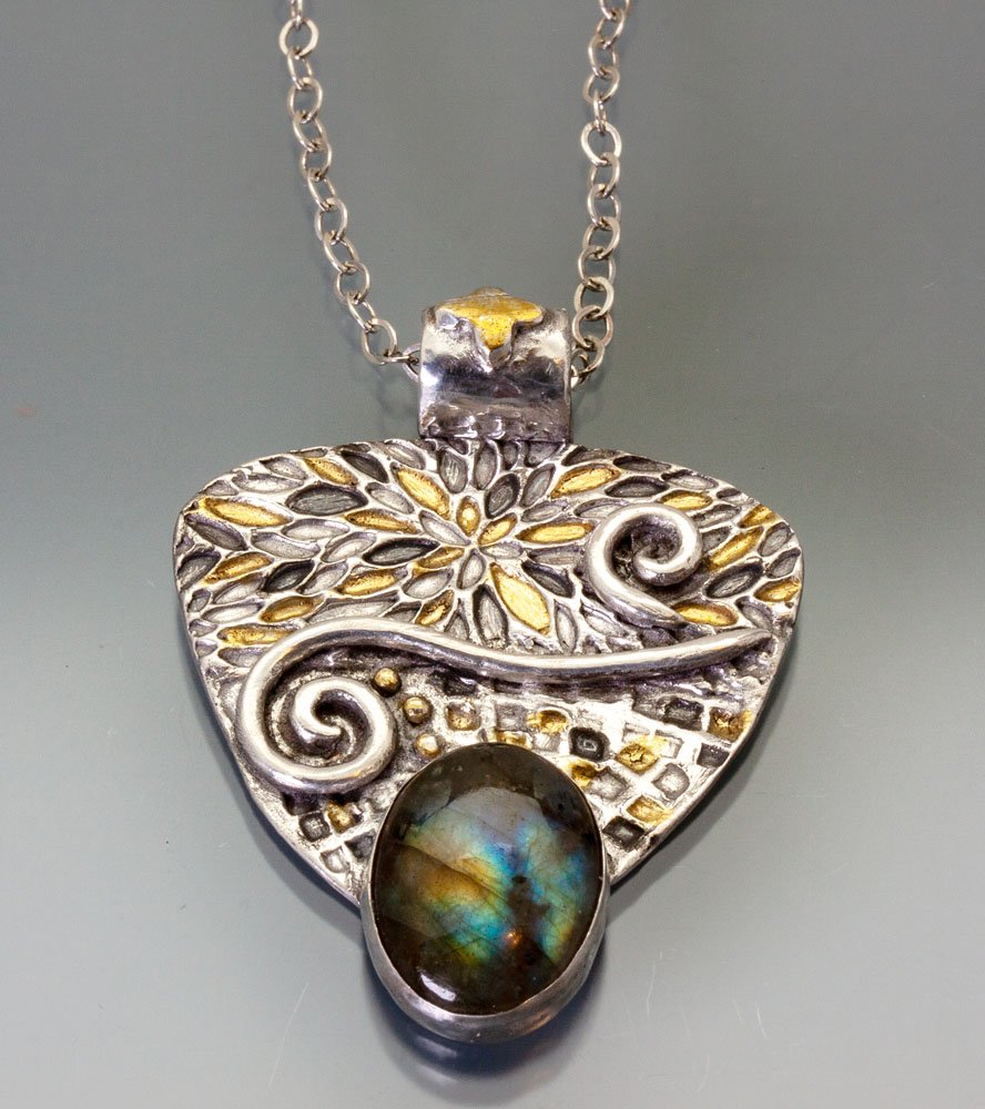 Gold and Silver Textured Pendant with Labradorite