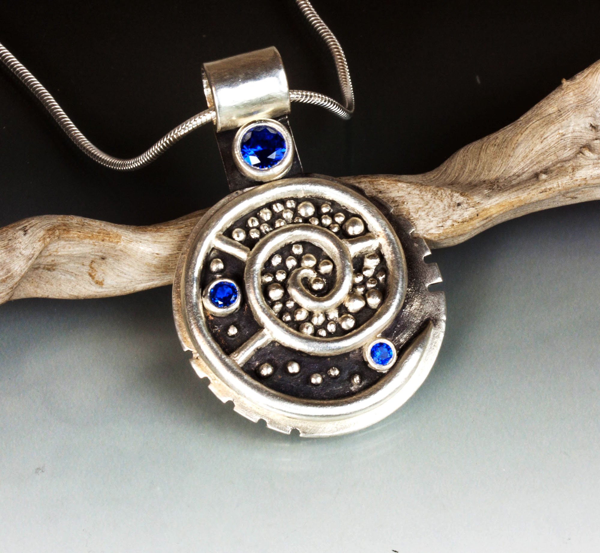 Silver Spiral Mosaic Pendant, Faceted Blue Spinel