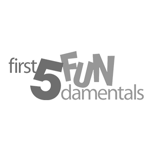 Graphic design with the text 'first 5 FUN damentals' in varying fonts and sizes, arranged creatively.
