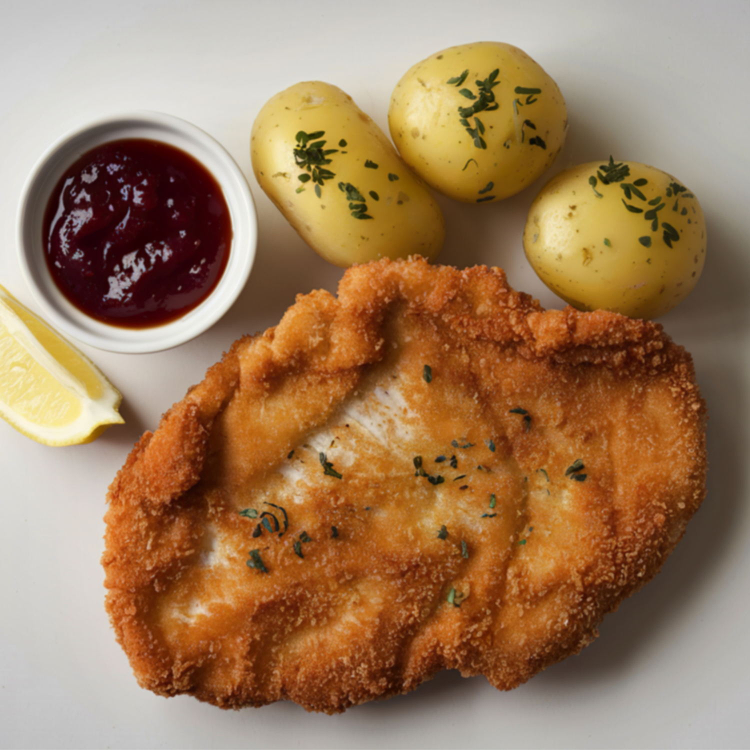 Breaded chicken cutlet oon plate with potatoes and cranberry sauce and lemon wedge