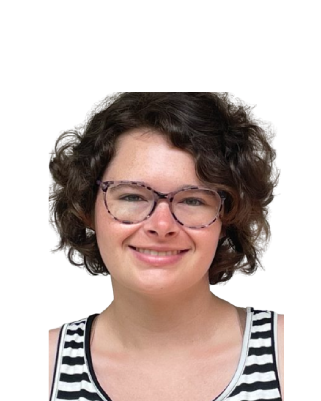 Person with curly hair and glasses smiling, wearing a black and white striped tank top.