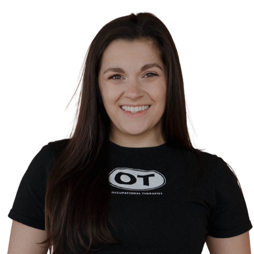 Young woman with long dark hair smiling, wearing a black T-shirt with 'OT' and 'Occupational Therapist' written on it.