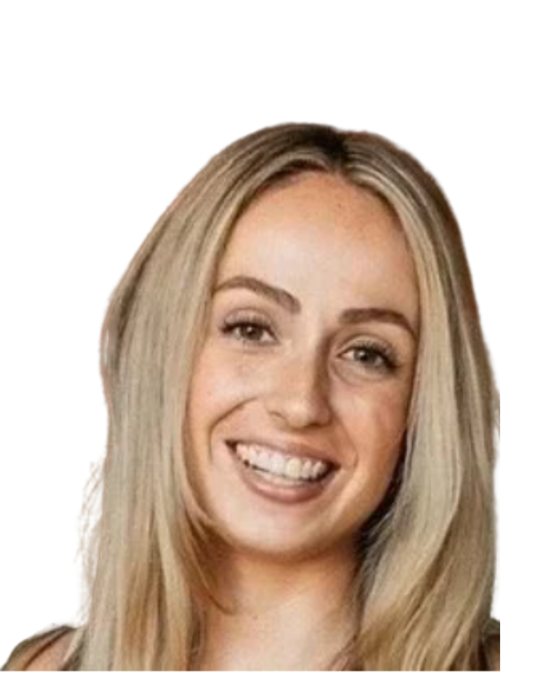 Close-up of a young woman with long blonde hair smiling, in front of a brick wall.