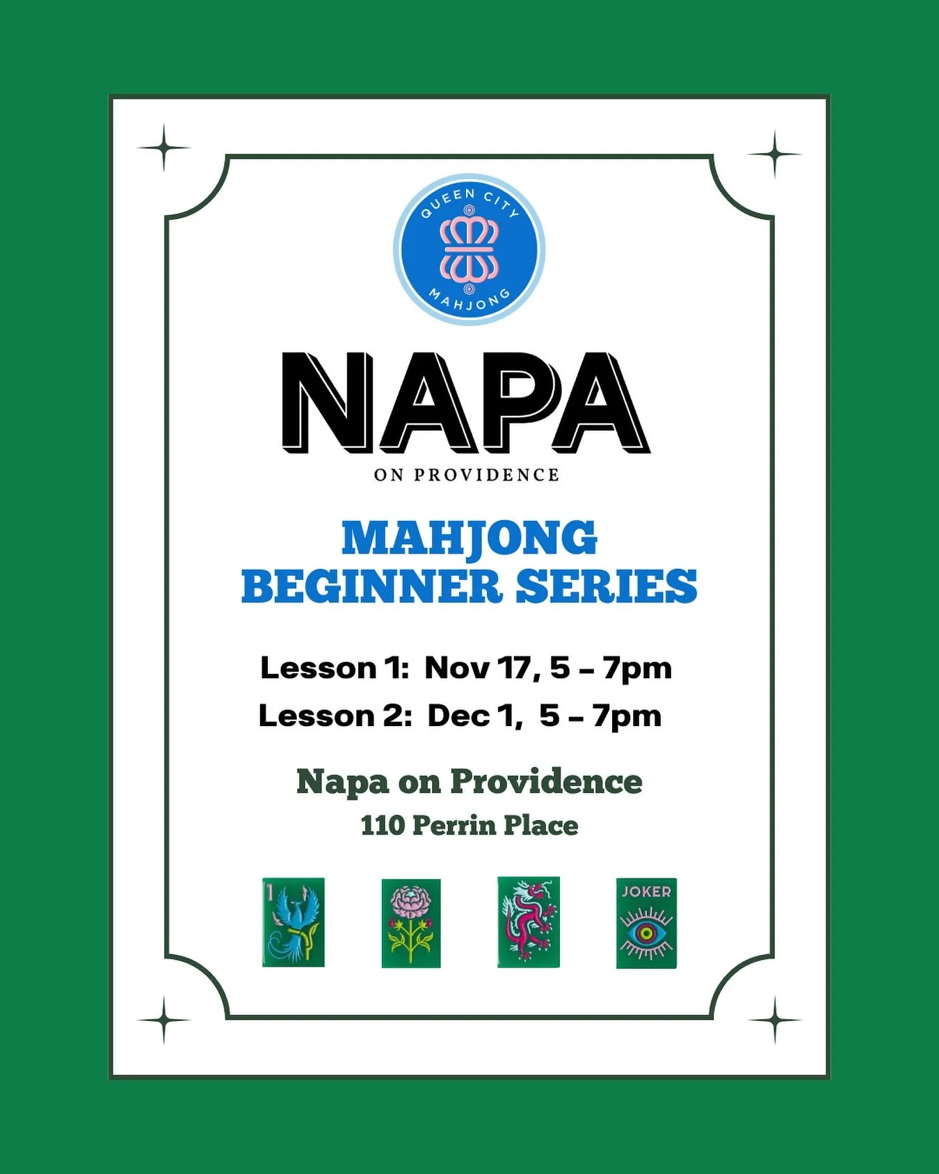 ✨ New: 2-Lesson Mahjong Series at Napa on Providence! ✨

🀄️ Learn how to play American Mahjong before the holidays &mdash; perfect for beginners or anyone wanting a refresher! Join a fun, welcoming group and get game-ready in just two sessions.

📘 