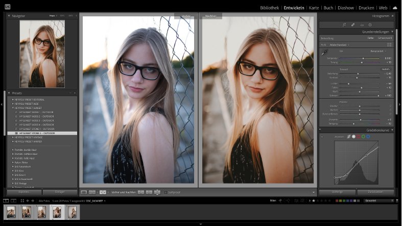 Ausschnitt des Desktops während einer Bildbearbeitung in Lightroom Classic mit Hey Poly Lightroom Presets