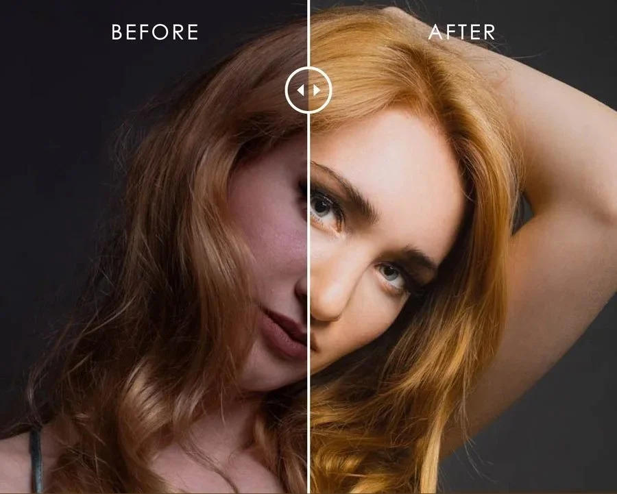 Vorher Nachher Portrait mit dunklem Hintergrund, verbesserte Hauttöne und ausgewogene Kontraste durch gezielte Lightroom Classic Bildbearbeitung