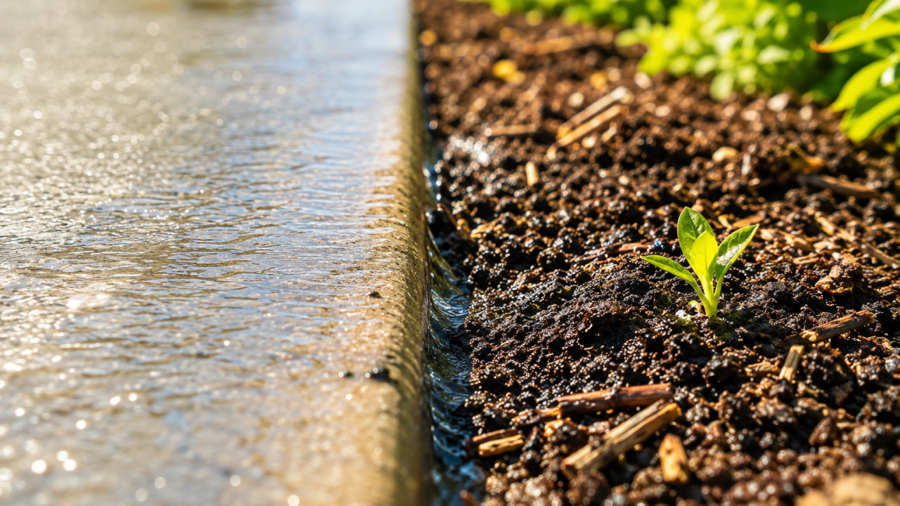 water running off of pavement into fertile soil where a plant is taking root. Like learning. Knowledge