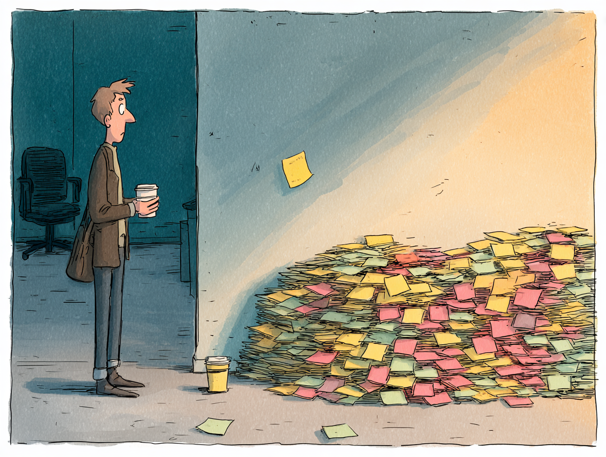 A cartoon of a person staring at a wall post-workshop. All the post it notes except one have fallen off the wall onto the floor.