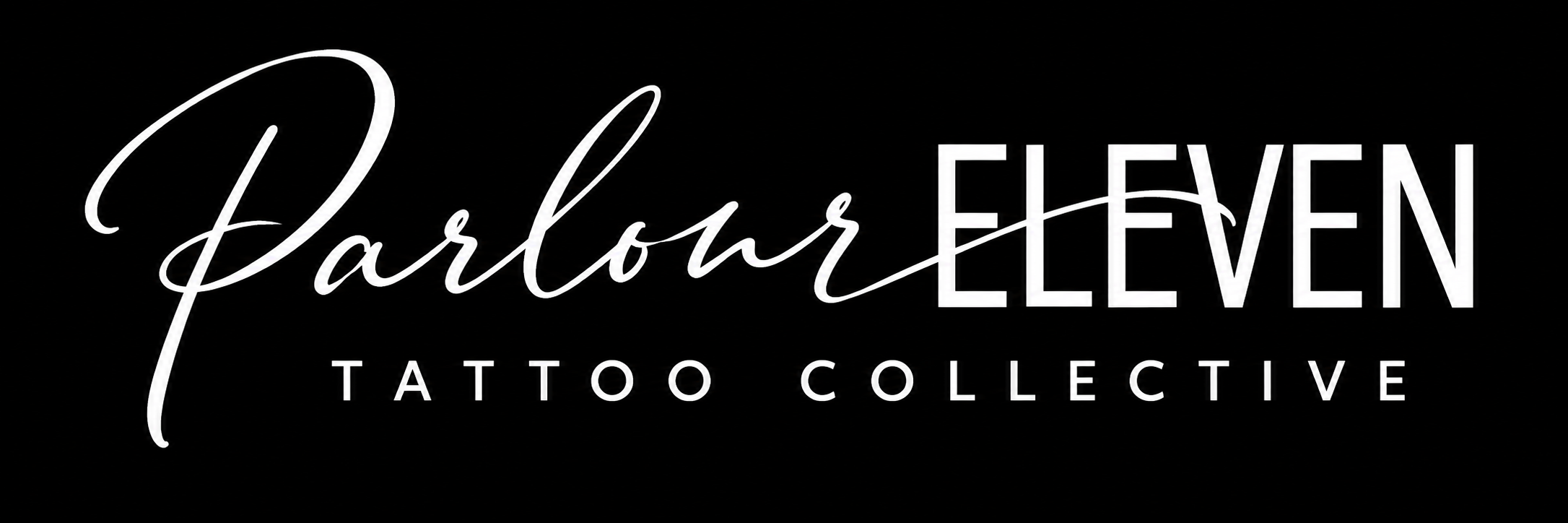 Logo for the Parlamento Eleven Tattoo Collective with black background, featuring a stylized script for 'Parlour Eleven' and sans-serif text for 'Tattoo Collective'.