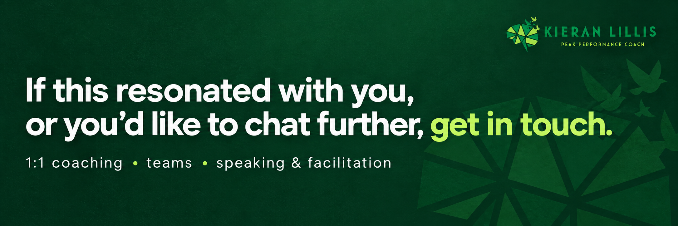 If this resonated with you, or you’d like to chat further, get in touch. 1:1 coaching, teams, speaking and facilitation.
