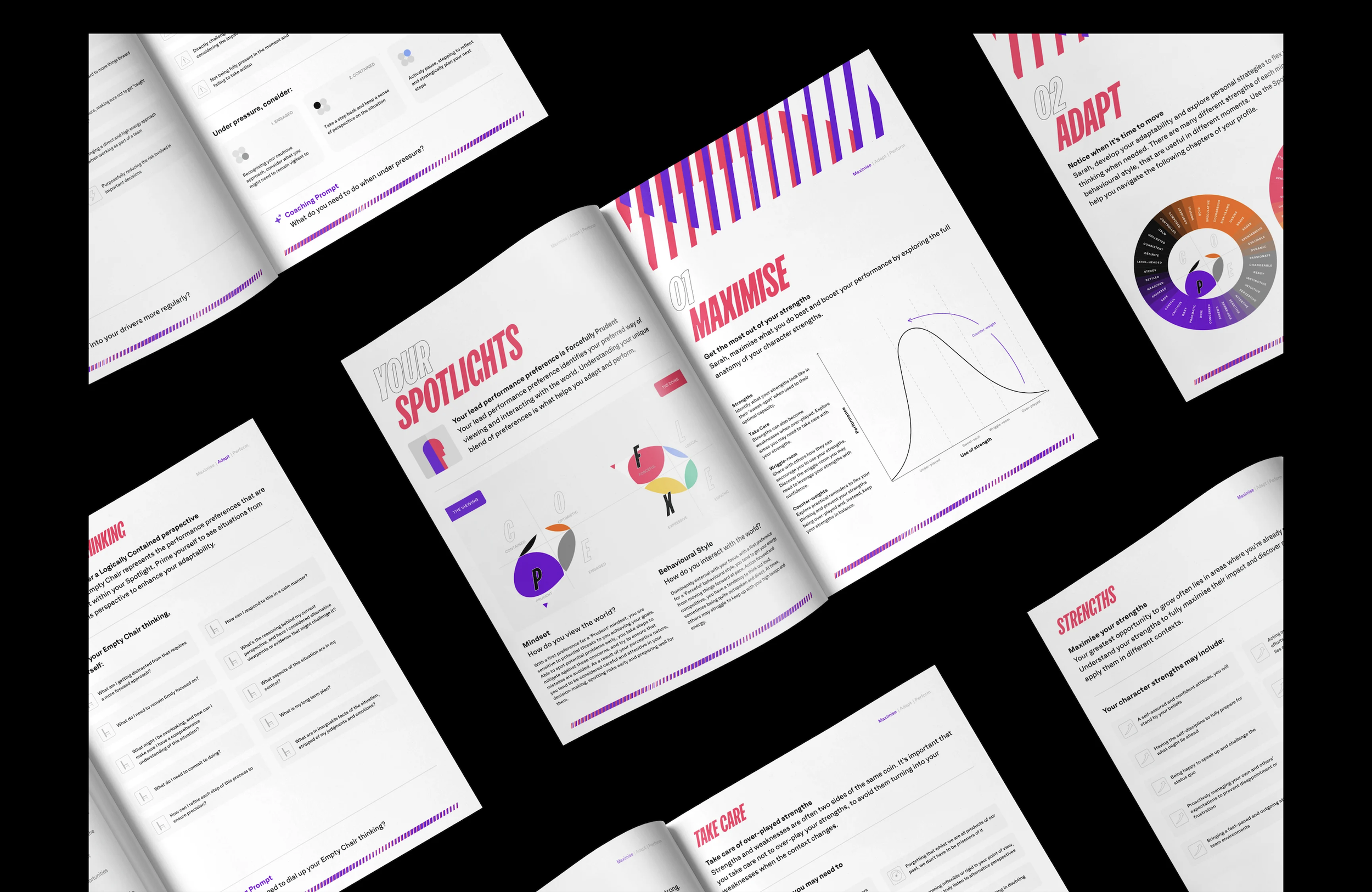 Open magazine with pages containing charts, graphs, and headings such as 'Spotlights,' 'Maximise,' and 'Adapt.' The layout features colorful graphics and text focused on performance and strengths, designed with a modern aesthetic.