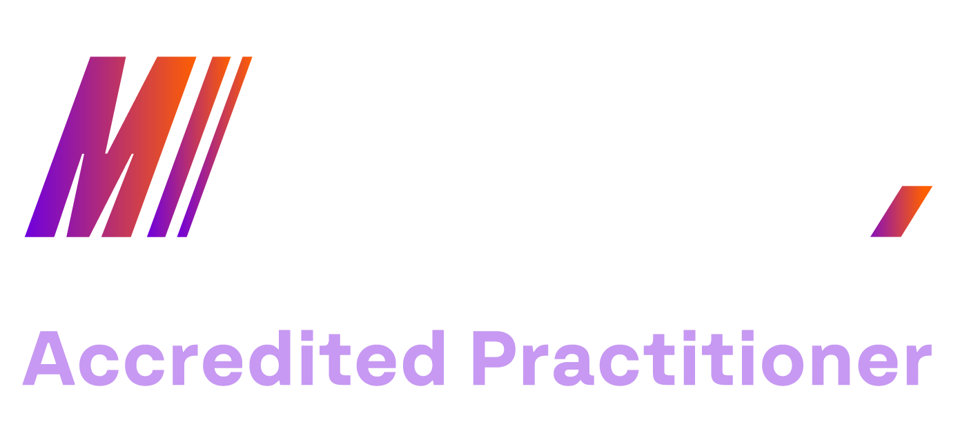 Logo with letter 'M' in purple to orange gradient and text 'Accredited Practitioner' below in light purple.