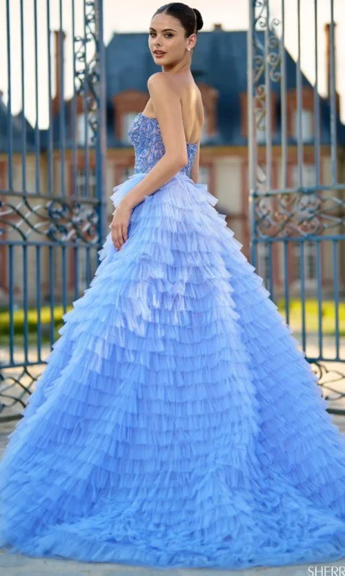 strapless open back dress A Line V Neck Blue/Black/Red/Burgundy Satin Long Prom Dresses with Seq —  Bridelily main image 0