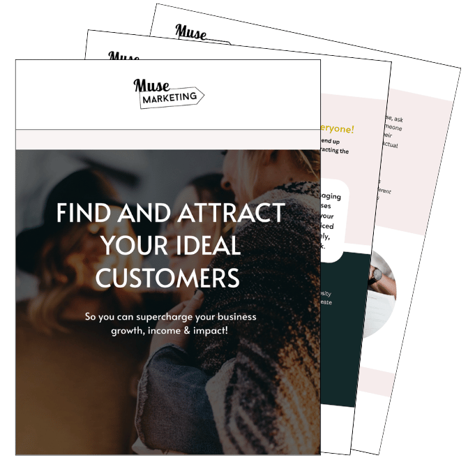 Fanned out pages of a free guide with the title "Find and Attract your Ideal Customers" in a bold white font, over a blurred image of people talking.