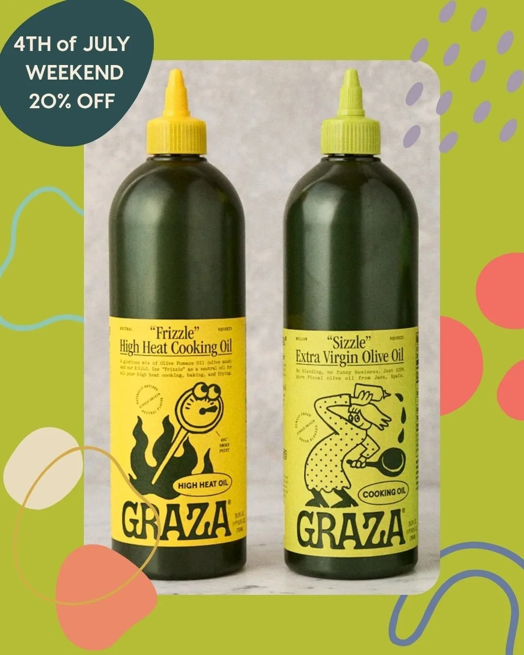 We're open July 4th and offering 20% off on select retail items over the holiday weekend! @getgraza is our newest retail addition, and I would love you to get a taste of it, so I'm hoping this sale helps you lean in. 🫒 All the items here are absolut
