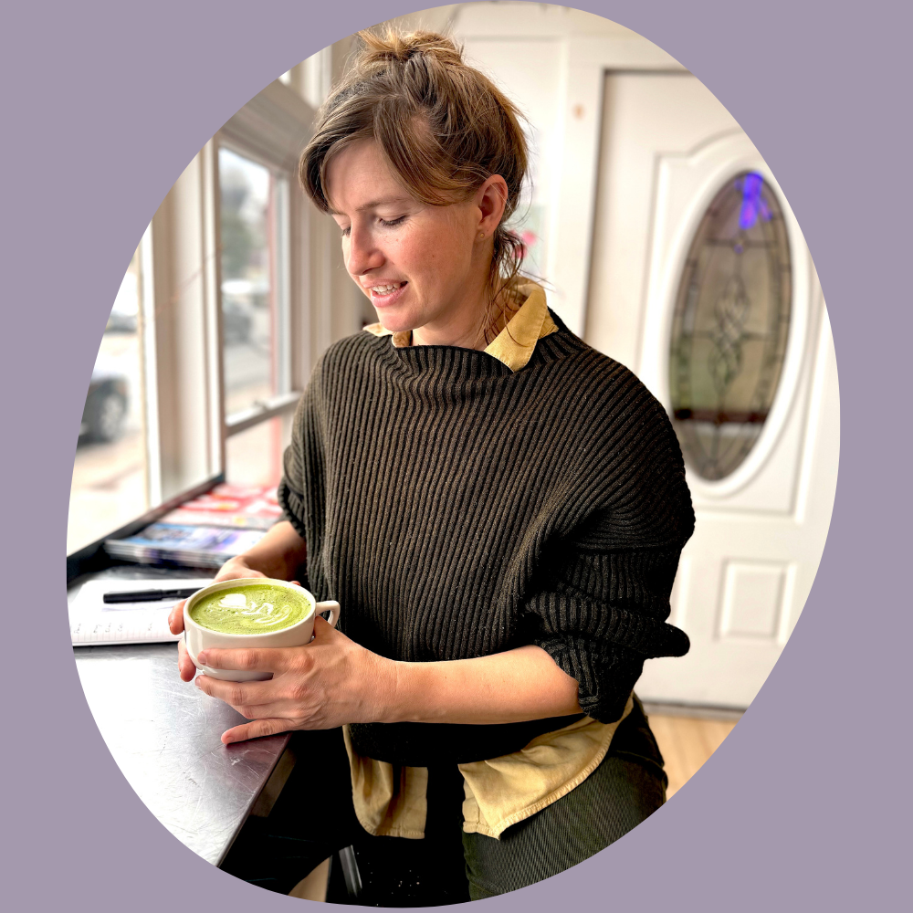 Tara drinking a matcha latte at Drifter Ferments in Warwick, New York