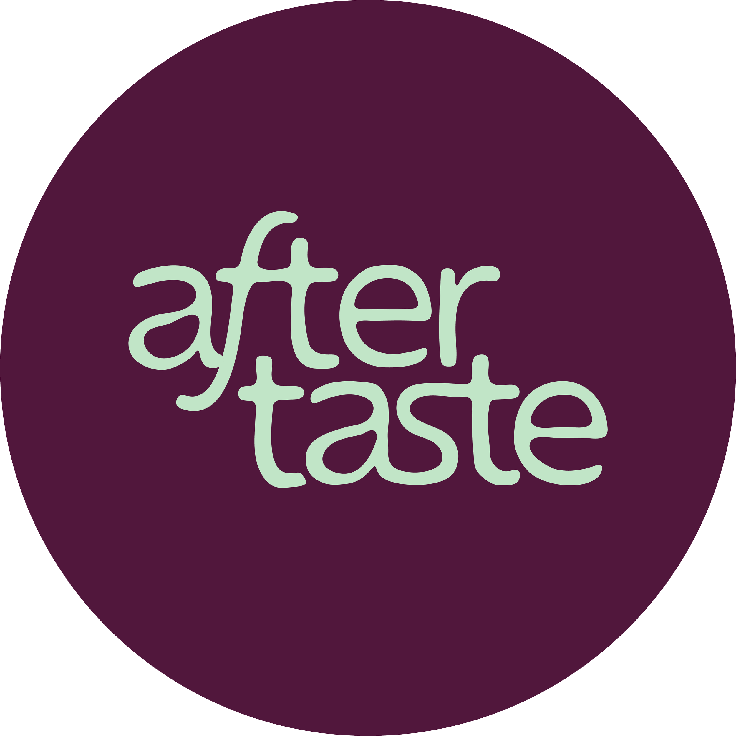 Close-up of a circular purple background with the word 'after' in light green, stylized font.