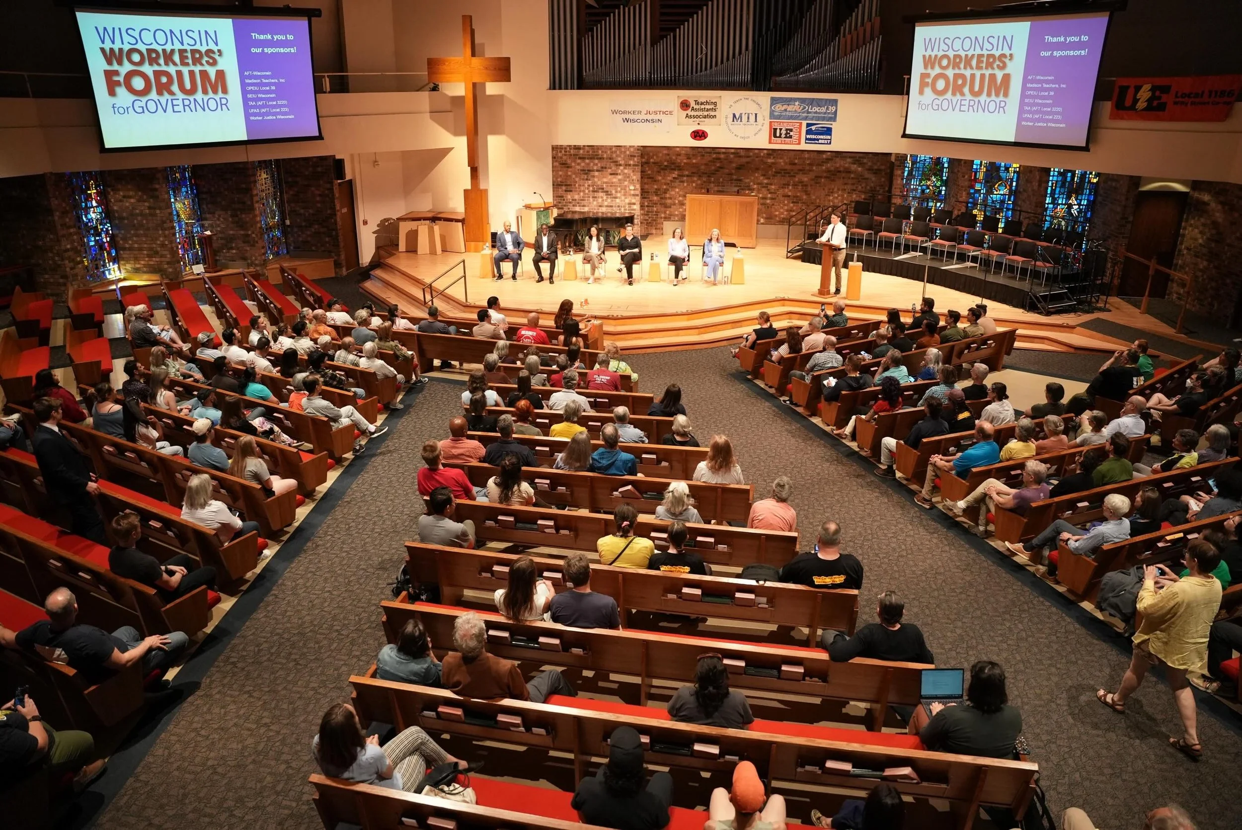Aerial view of forum at First United Methodist Church for the Wisconsin Workers Forum.