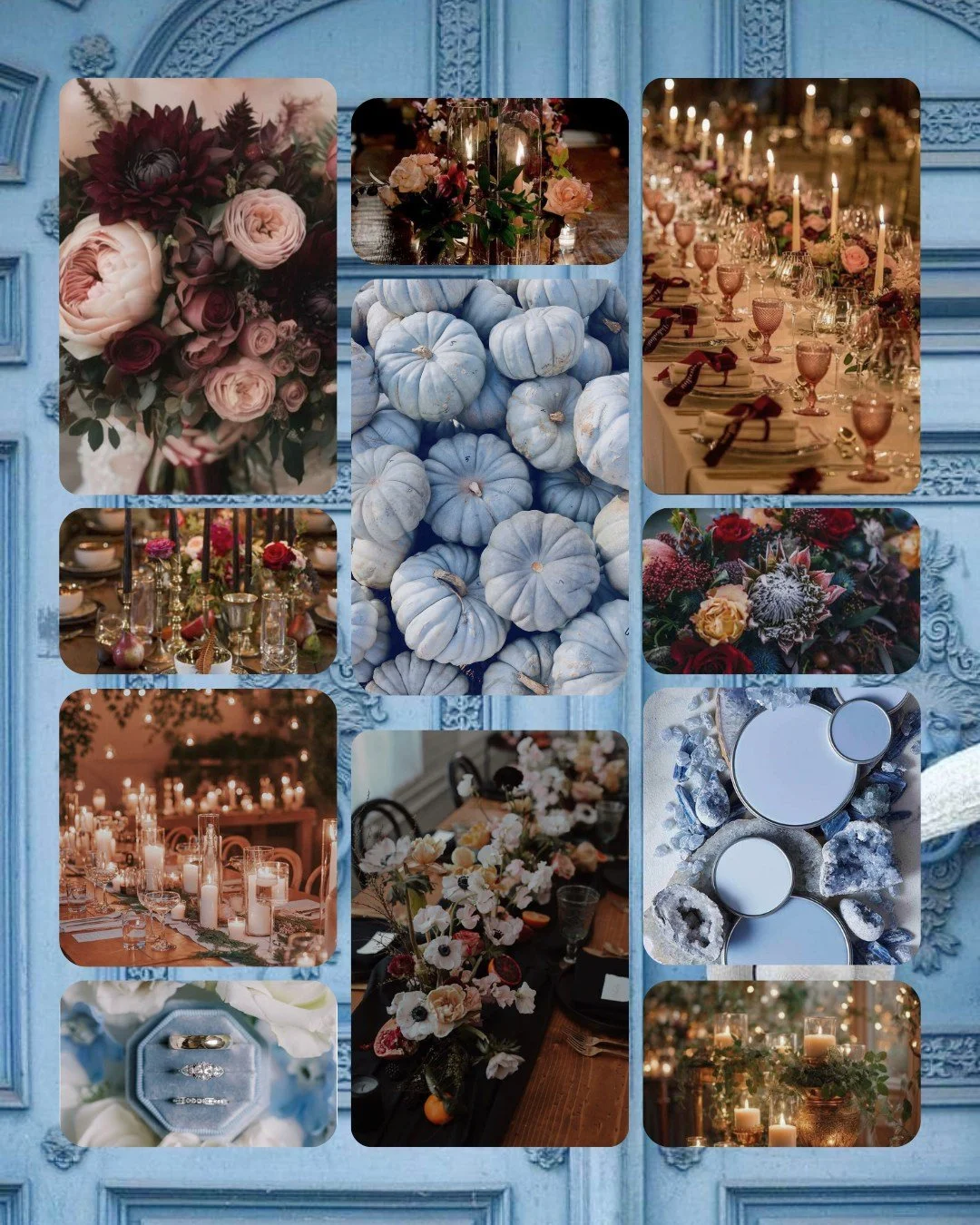Fall weddings don’t have to mean pumpkins + burlap (unless you love them 😉). Here’s a fresh take on September/October weddings: moody florals, soft blues, and cozy candlelight ✨