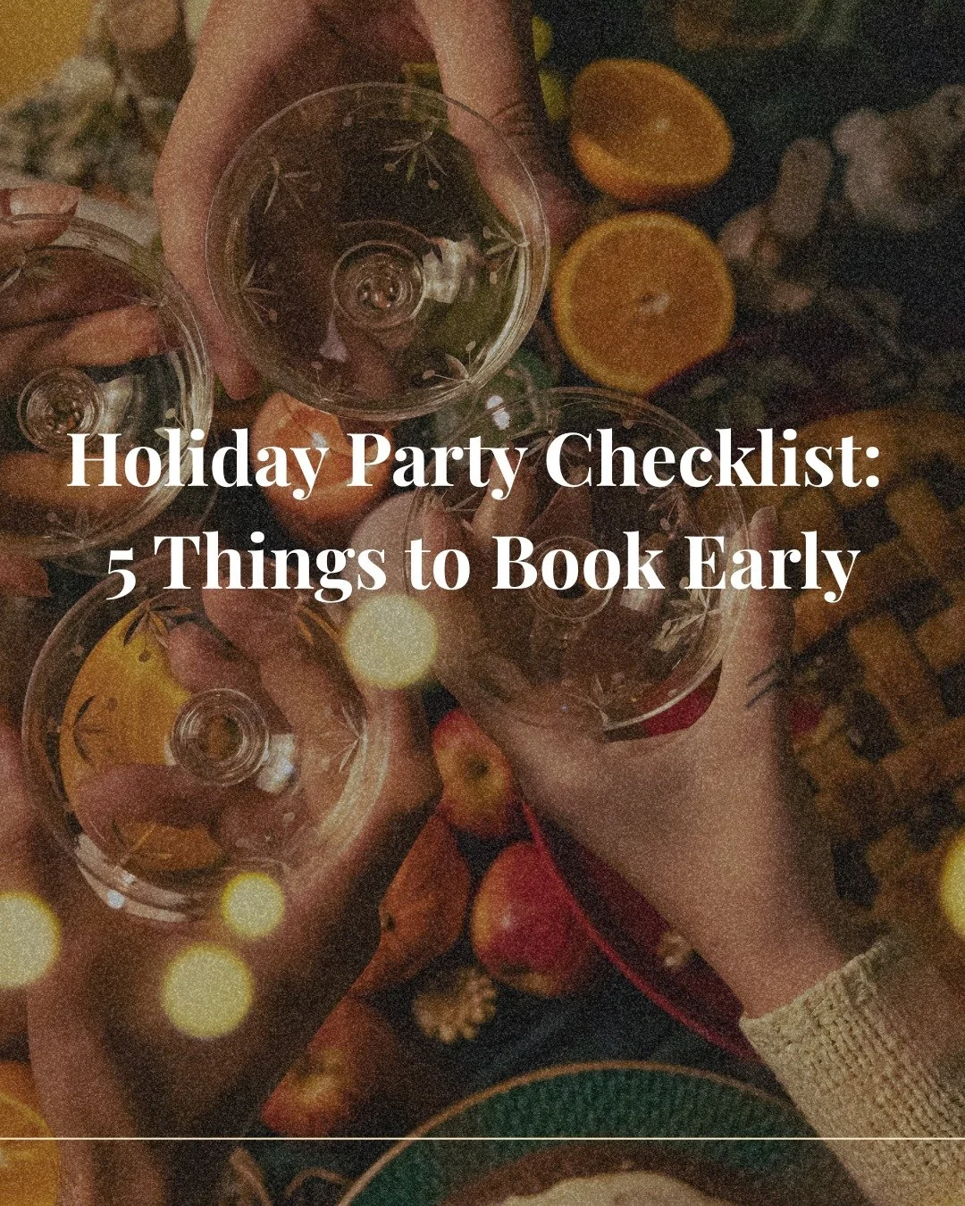 A stress-free holiday season starts with smart planning!

Here are the 5 things you should book early if you&rsquo;re hosting a holiday party this year:
1️⃣ Venue
2️⃣ Catering
3️⃣ Rentals &amp; d&eacute;cor
4️⃣ Entertainment
5️⃣ Planner/Coordinator ?