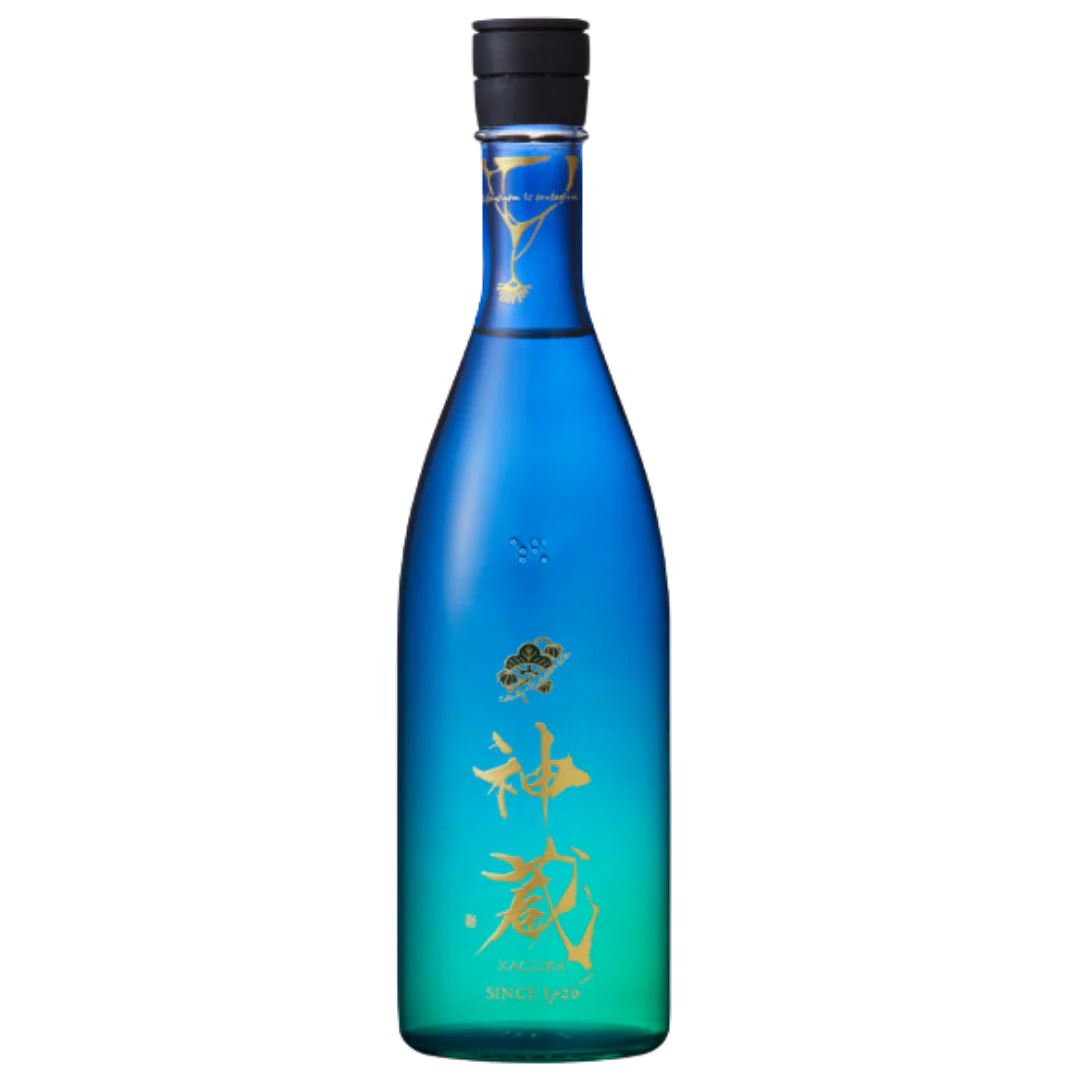 Bottle of Kagura Rui Midnight Blue sake, the second sake featured in the tasting.