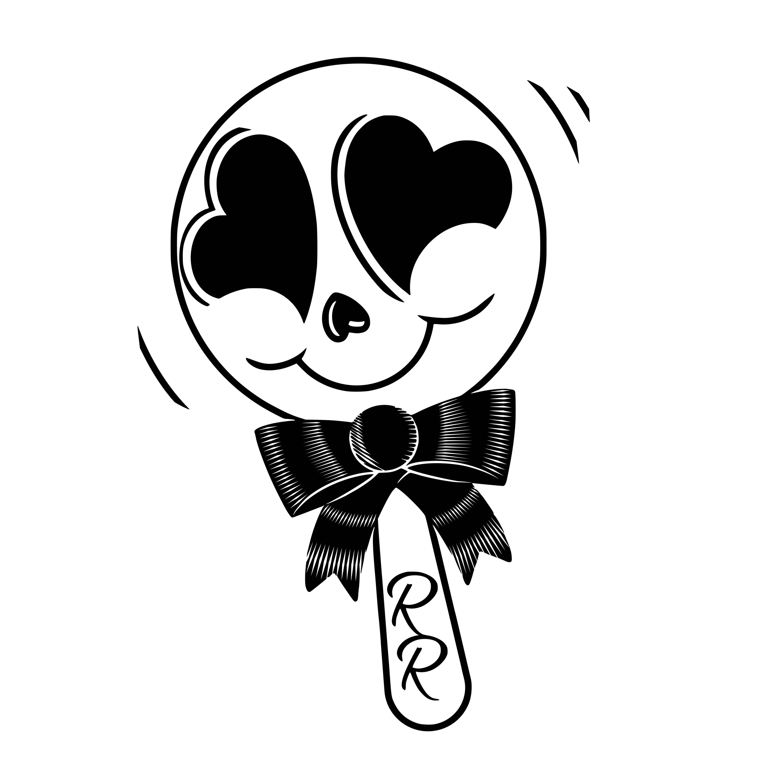 Black and white illustration of a lollipop with a panda face, heart-shaped eyes, and a bow tie. The stick has the initials 'R R'.